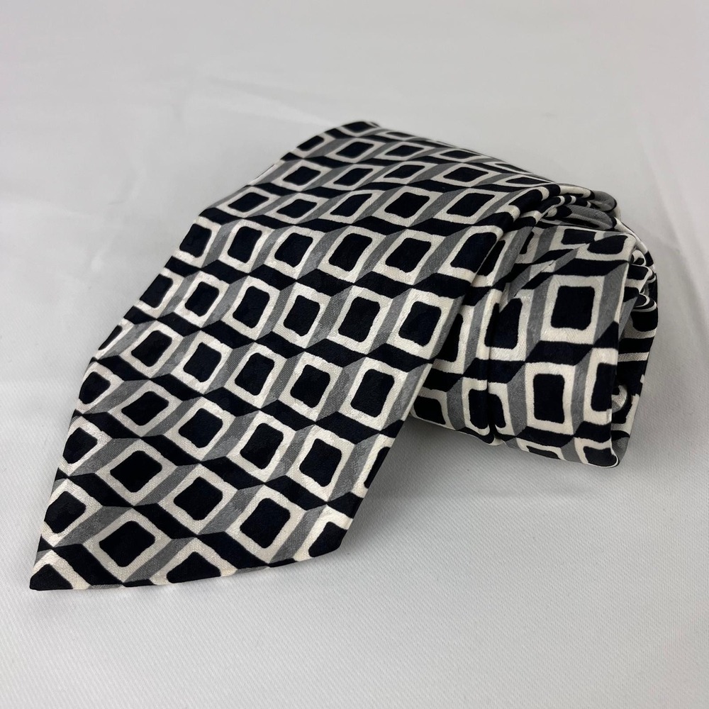 Stefano Milano‎ 100% Silk Tie Black Gray Geometric Italy Handmade Classic